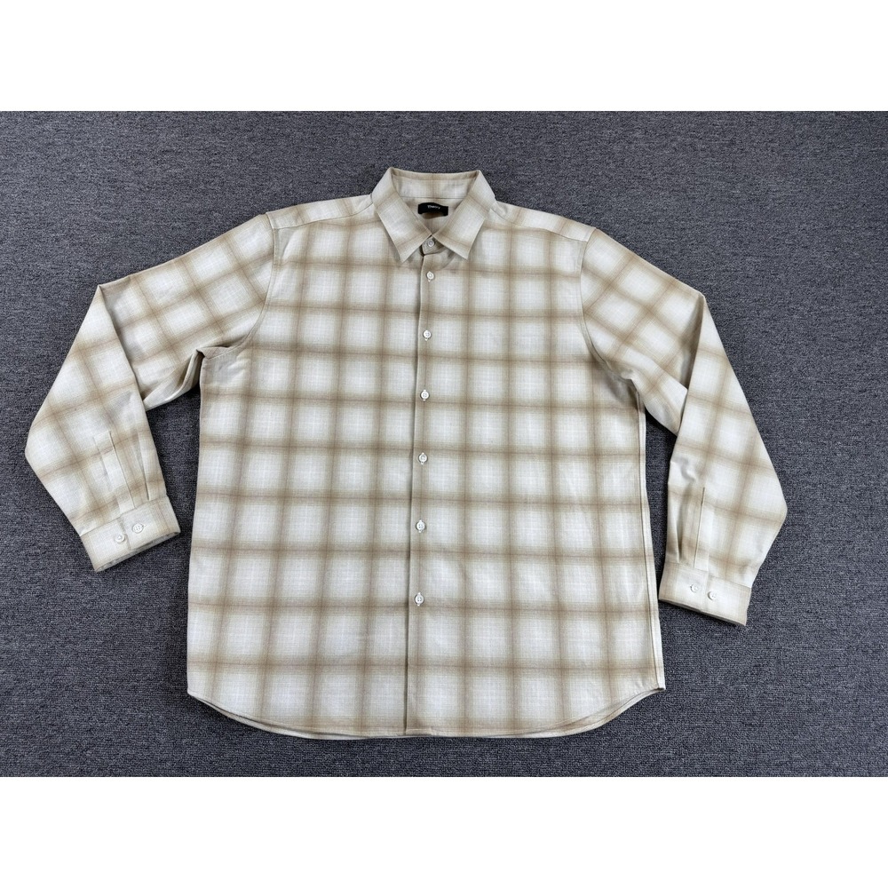 Theory Shirt Mens 2XL Beige Plaid Flannel Long Sleeve‎ Button Up Irving Casual
